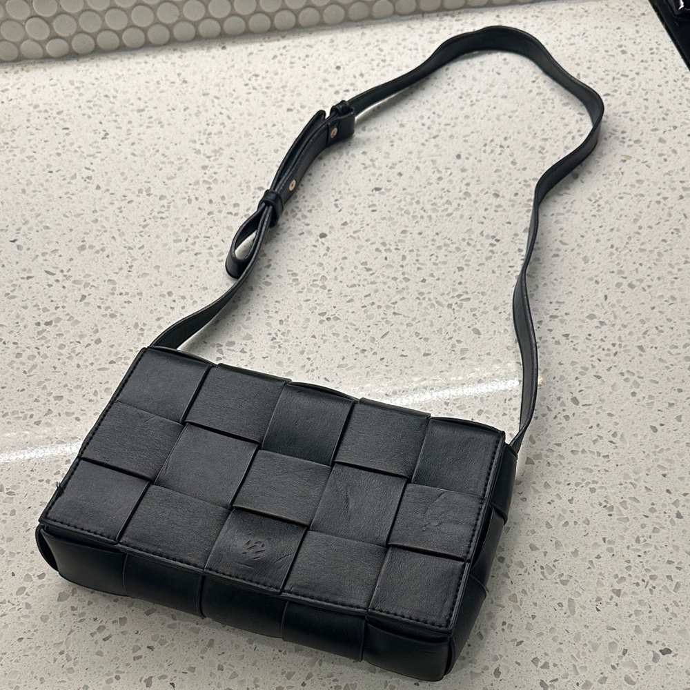 Bellini Black Woven Leather Crossbody Bag